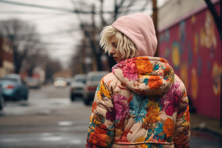 beautiful blonde girl on the street in the city in a coatの素材