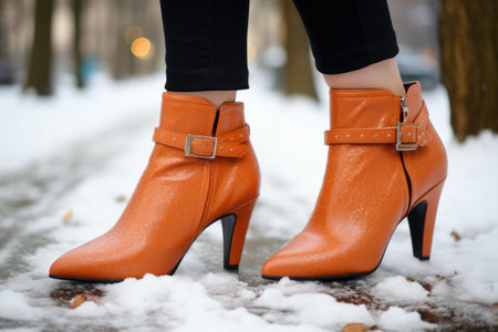 female legs in high heel orange boots on the background of winter streetの素材