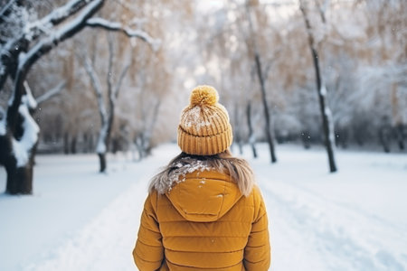 A girl in a yellow jacket and a knitted hat walks in the winter park.の素材