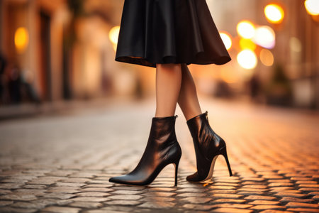Legs of a young woman in black skirt and high heels on the street.の素材
