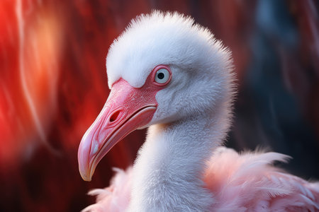 Portrait of a pink flamingo on a background of red smokeの素材