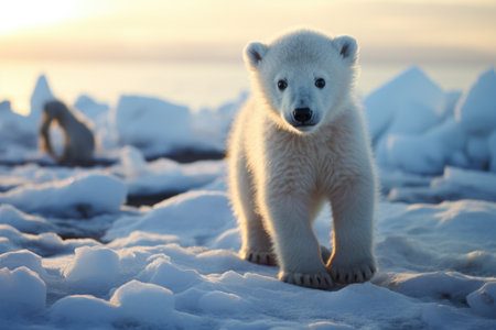 Polar bear (Ursus maritimus) cub on the pack ice, north of Svalbard Arctic Norwayの素材