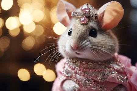 Cute little white mouse in princess costume on bokeh backgroundの素材