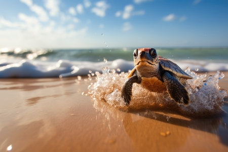 Little baby sea turtle swims on the sandy beach at sunset.の素材
