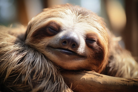 Close up portrait of cute three-toed sloth sleeping in the zooの素材