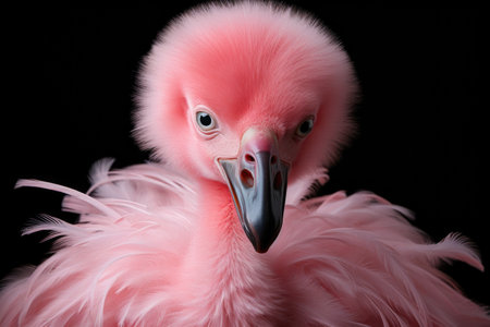Pink flamingo on a black background. Close-up portrait.の素材