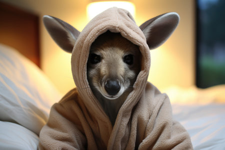 Cute little dog wrapped in towel after bath on bed at homeの素材