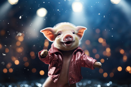 Portrait of a cute funny pig in a red jacket on a dark backgroundの素材