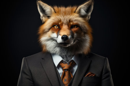 Portrait of a fox in a suit and tie on a black backgroundの素材