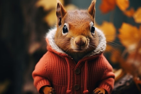 Squirrel in a red sweater on a background of autumn leaves.の素材