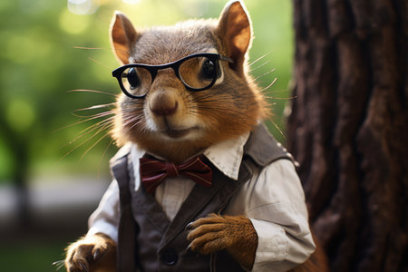 portrait of a squirrel with glasses and bow tie in the parkの素材