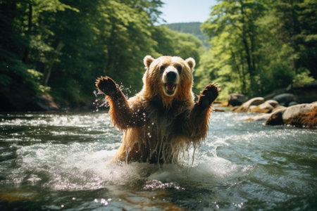 Grizzly bear swims in the river and catches fishの素材