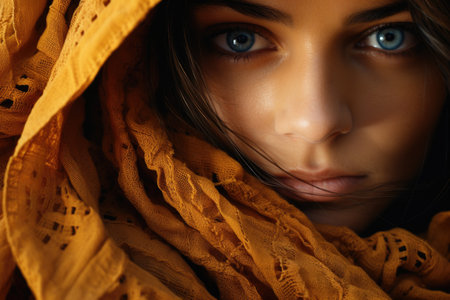 Close-up portrait of a beautiful girl in a yellow scarf.の素材