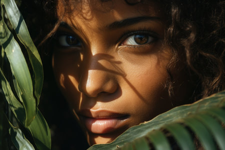Close up portrait of beautiful young African American woman with green leaves.の素材