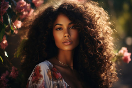 fashion outdoor photo of beautiful sensual woman with dark curly hair in elegant dress posing among flowersの素材