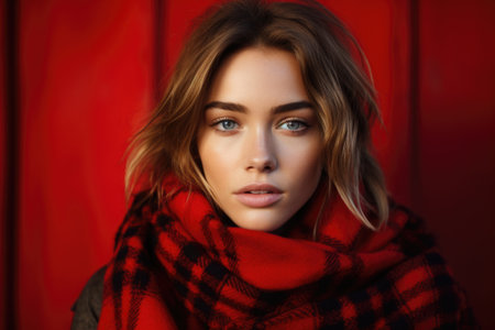 Beautiful girl in a red scarf on a red background. Beauty, fashion.の素材