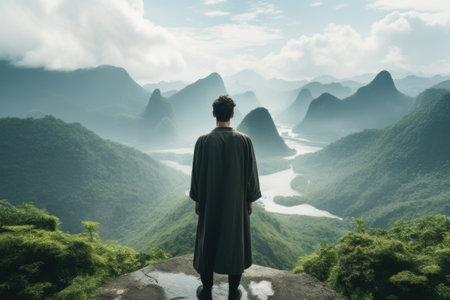 Back view of a man standing on the edge of the cliff and looking at the valleyの素材