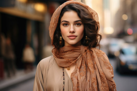 fashion outdoor photo of beautiful woman with dark hair in elegant clothes and accessories posing in the cityの素材