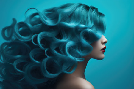 3d illustration of beautiful woman with curly hair over blue background.の素材