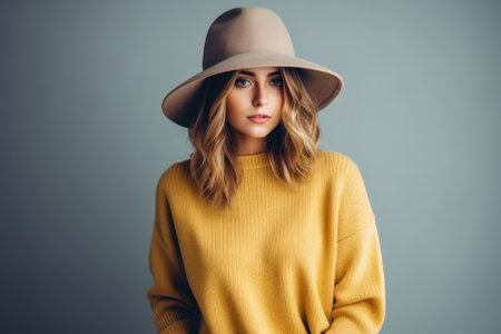 beautiful young woman in hat and sweater looking at camera isolated on grayの素材