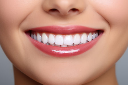 Closeup of beautiful young woman with healthy teeth, on gray backgroundの素材