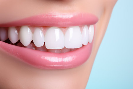 Close-up of beautiful female smile with healthy teeth and white teethの素材