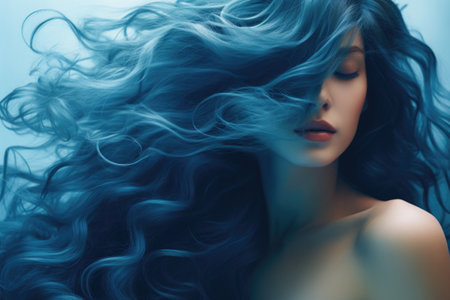 Beautiful young woman with long curly blue hair. Studio shot.の素材
