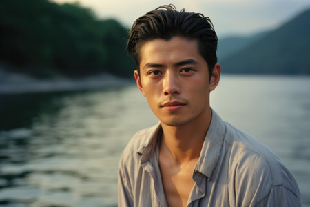 Portrait of a handsome young Asian man standing on the shore of a lake.の素材