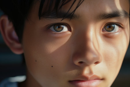 Close up portrait of a young Asian boy looking at the camera.の素材