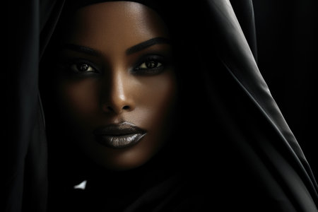 Closeup portrait of a beautiful African American woman in black clothの素材