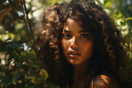 Portrait of a beautiful young woman with curly hair. Beauty, fashion.の素材