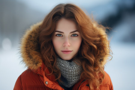 Beautiful young woman in a red jacket on a background of winter landscapeの素材