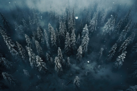 Foggy winter forest with snow covered trees. Beautiful winter landscapeの素材