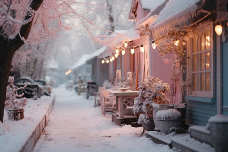 Snowy street in winter. Christmas and New Year holidays concept.の素材
