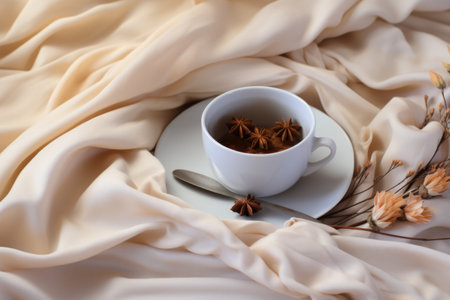 Cup of tea on white saucer, on beige fabric backgroundの素材