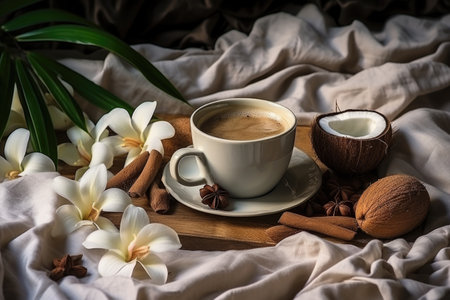 Coffee cup on a wooden tray, coffee beans, cinnamon sticks, star anise, coconut and flowers on the bed.の素材