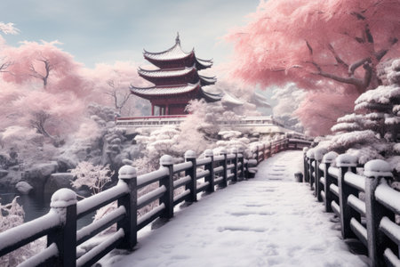 Beautiful Japanese temple with snow in winter season. Digital painting style.の素材