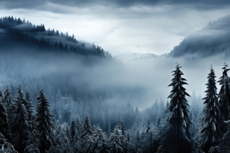 Foggy winter landscape in the Carpathian Mountains, Ukraineの素材