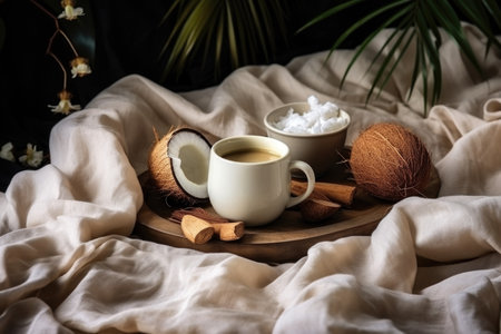 Coconut milk in a white cup on a wooden tray.の素材