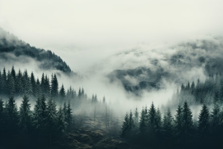 Foggy mountain landscape with coniferous forest in mist.の素材