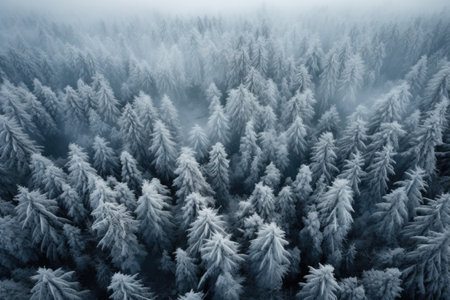 Aerial view of winter forest. Top view of coniferous trees in fog.の素材