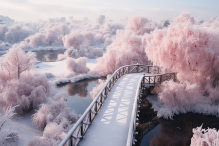 Beautiful winter landscape with frozen river and wooden bridge in the mistの素材