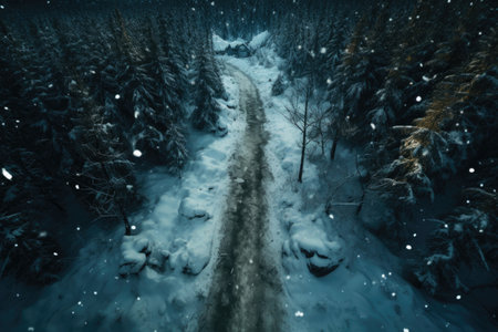 Winter landscape with snowy road in the forest. Winter road in winter forest.の素材