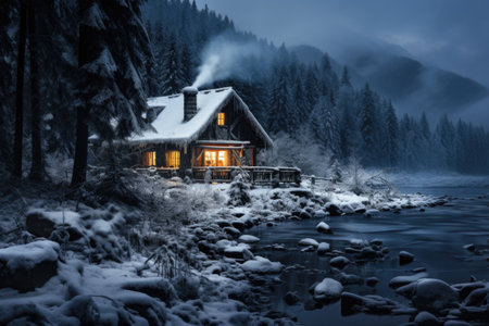 Beautiful winter landscape with a wooden house in the Carpathian mountainsの素材