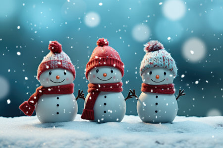 Snowman family with red scarf and hat on snow in winter.の素材