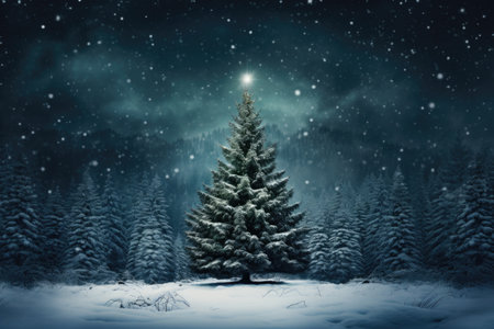 Fir tree in snowy forest at night with stars and snowflakesの素材