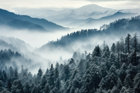 Foggy winter landscape in the mountains with coniferous forestの素材