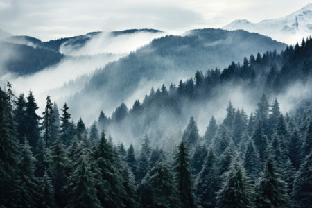 Foggy winter mountain landscape with coniferous forest and high peaksの素材