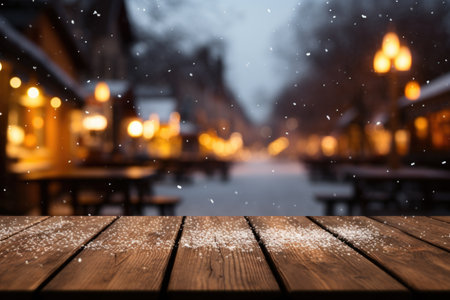 Wooden table in front of blurred christmas background with snowfallの素材