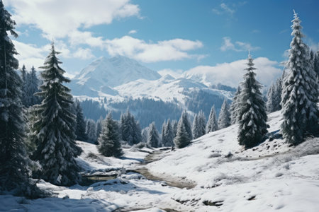 Snowy winter landscape in the Austrian Alps with snow covered fir treesの素材
